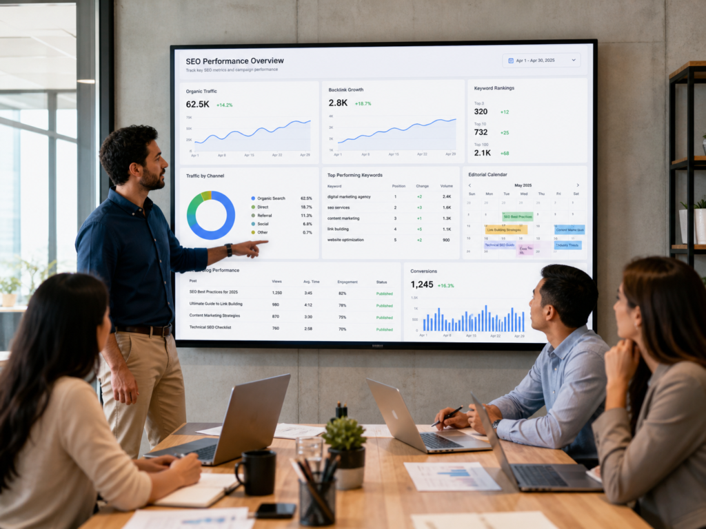 A professional digital marketing team analyzing SEO performance charts, backlink growth graphs, and content calendars displayed on a large screen in a modern office environment.