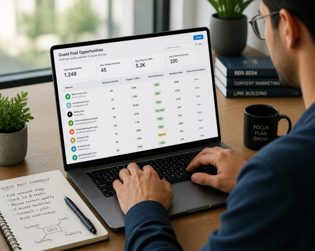 A marketer searching for high-quality guest posting websites on a laptop, with SEO metrics like domain authority, organic traffic, niche relevance, and backlink profile on screen, realistic modern workspace.